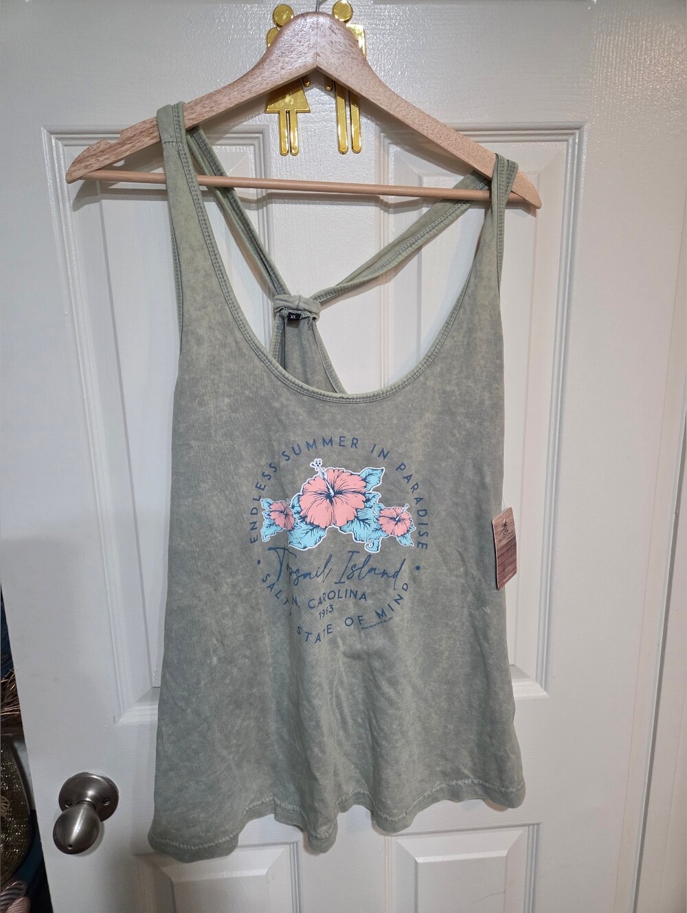 Flowy Olive Green Floral Graphic Tie-Back Tank Top XL NWT - Picture 4 of 6